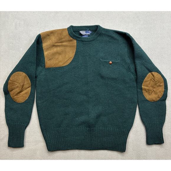 Ralph Lauren Other - Polo Ralph Lauren Hunting Sweater Sz 44 L Suede Elbow And Shoulder Patches Green